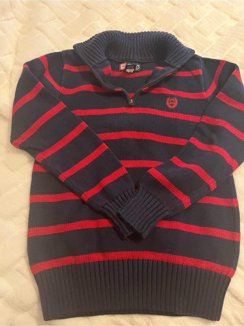 Chaps Navy and Red Zip-Front Striped Sweater